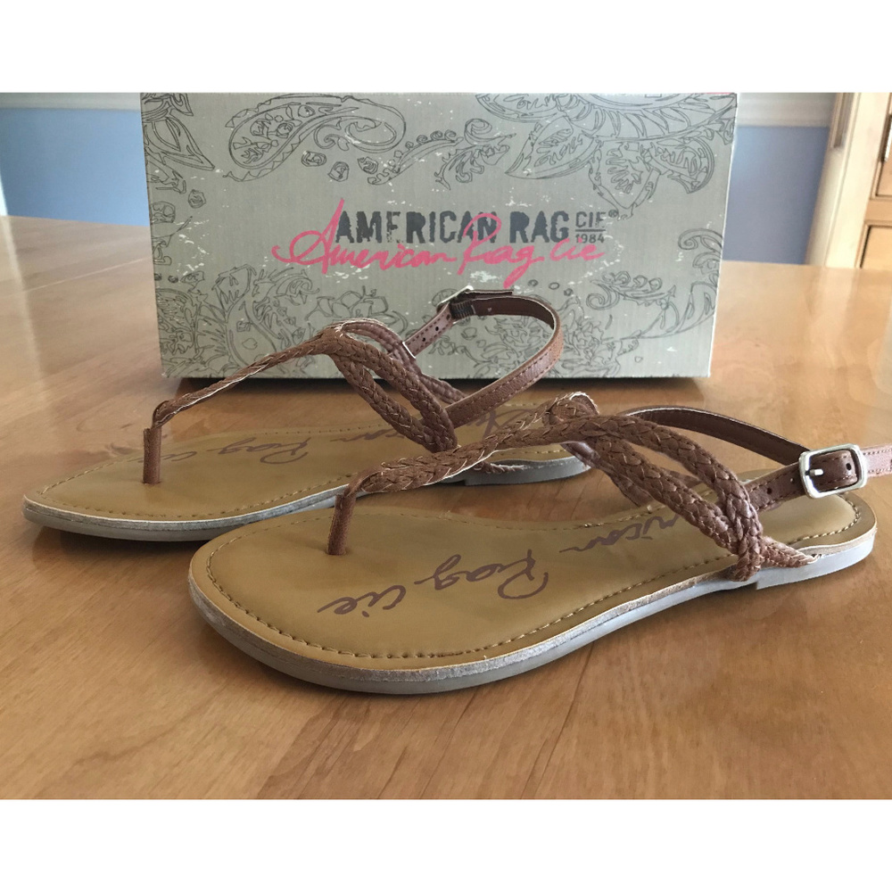 New w/Tags American Rag Brown Leather T-Strap Flat Sandals, Size 5.5